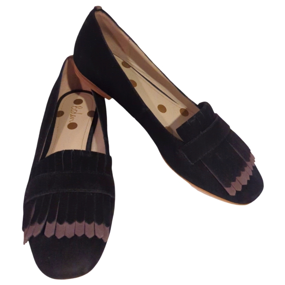 Boden Black Suede Fringe Loafers